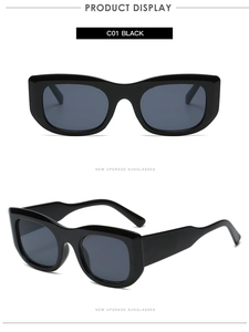 Detail view of rectangular black sunglasses C01 with wide temples and polished frame