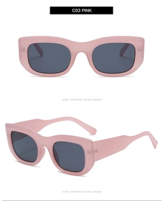 Front and side view of pink rectangular sunglasses with wide temples and dark lenses