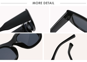Close-up of reinforced hinges and integrated nose pads on black rectangle sunglasses