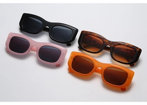 Group view of rectangle sunglasses in black, pink, leopard, and orange frames