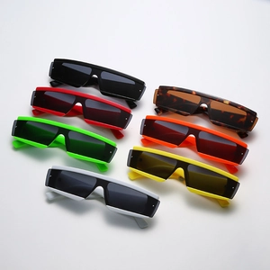 Flat lay of square flat top sunglasses in seven colors including leopard and neon green