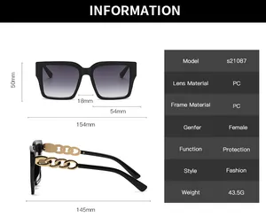 Detailed size chart for oversized square sunglasses featuring exact frame dimensions in mm