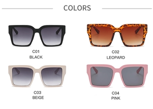 Square oversized sunglasses shown in black, leopard, beige, and pink color options