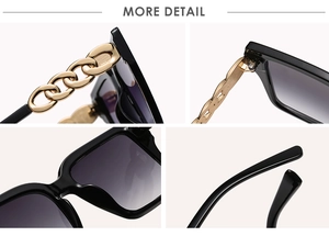 Detailed views of square sunglasses featuring bold gold metal chain temples and dark lenses