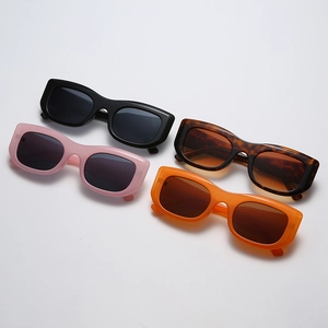 Retro rectangular sunglasses in black, pink, tortoiseshell, and orange on white background