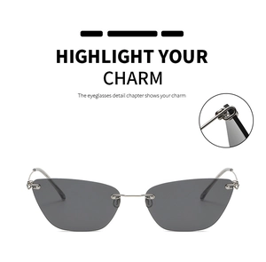 Detail of silver metal hinge and rimless cat eye sunglasses with dark grey lenses