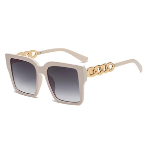 Chic oversized square cream white sunglasses with golden chain temples and gradient lenses