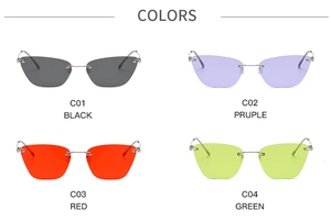 Detail view of cat eye rimless sunglasses in black, purple, red and neon green colors