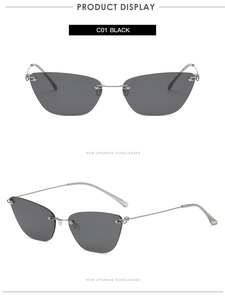 Front and side views of frameless cat eye sunglasses with grey lenses and silver metal legs