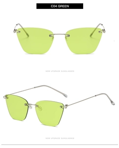 Detail view of rimless cat eye sunglasses with neon green lenses and silver metal frames