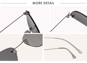 Detailed views of rimless cat eye sunglasses showing metal hinges and nose pads