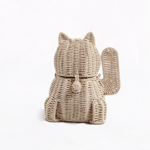 Lucky cat shaped straw woven crossbody bag with cute 3D ears and tail for summer