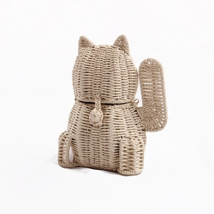 Cute Maneki Neko woven straw crossbody bag for kids with handmade cat design