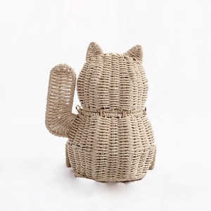 Handmade Lucky Cat straw woven shoulder bag with 3D ears and curled tail rear view