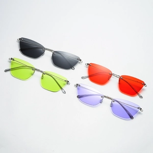 Fashionable rimless cat eye sunglasses with metal temples in four vibrant colors