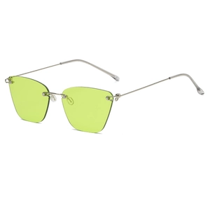 Frameless cat-eye sunglasses with neon green lenses and slim silver metal temples
