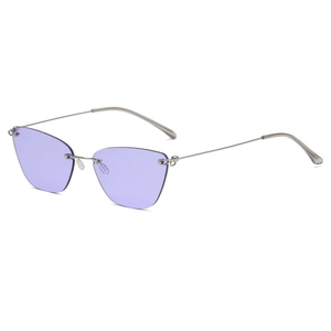 Fashionable rimless cat eye sunglasses with purple lenses and slim silver metal frames