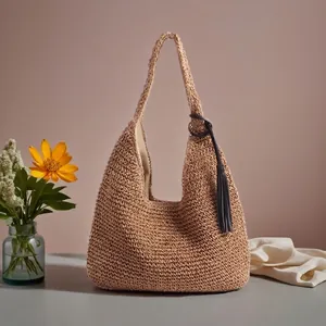 Large Capacity Straw Woven Shoulder Hobo Bag With Tassel Charm Bohemian Leisure Beach Vacation Fashion Handbag For Women