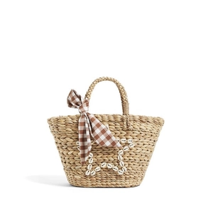 Handmade Straw Woven Handbag With Shell Star And Gingham Ribbon Summer Beach Vacation Bohemian Tote Bag Women