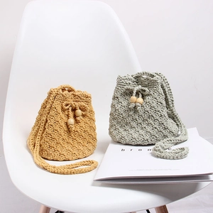 Hand-Woven Crochet Bucket Bag Cotton Drawstring Crossbody Shoulder Purse Wood Bead Vintage Style For Women Girl