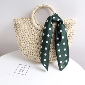 Semi-circle Straw Handbag Woven Summer Beach Bag With Round Handle And Satin Scarf Decor Holiday Style For Women