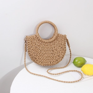 Woven Straw Crossbody Bag Women Half Moon Summer Beach Vacation Handbag Bohemian Style With Drawstring Closure