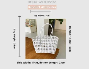 Detailed dimension chart showing a white handmade woven straw beach bag with size labels