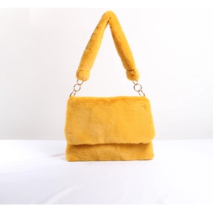 Chic yellow plush leopard print crossbody bag with soft faux fur and gold metal rings