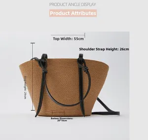 Detailed size chart for large straw tote bag with black leather straps and contrast stitching