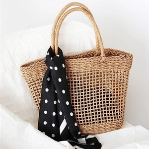 Straw Tote Bag Hand Woven Hollow Out Large Capacity Beach Holiday Summer Handbag For Women With Scarf Decoration
