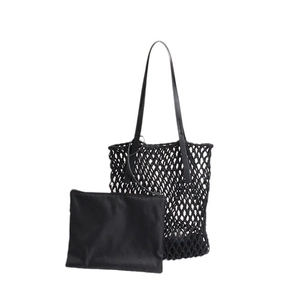 Minimalist black woven rope tote bag with mesh design and matching zipper inner pouch