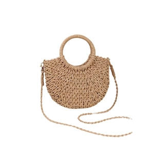 Handmade half-moon straw beach bag with round handles and detachable shoulder strap