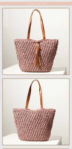 Detail of pink woven tote bag featuring brown PU handles and stylish tassel charm