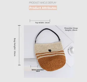 Detailed size specifications of the striped straw bucket bag with strap dimensions