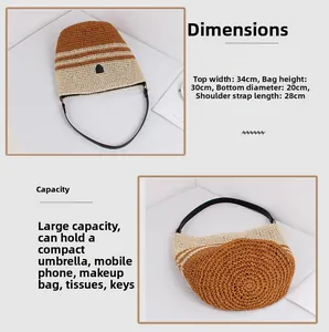 Detail showing dimensions of the striped woven straw bucket bag with measurements