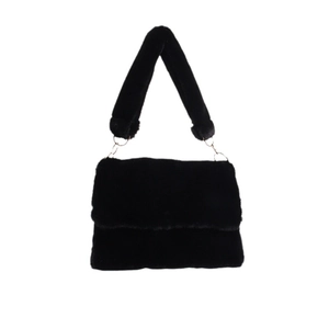 Furry black plush envelope shoulder bag with gold metal rings and wide strap for winter