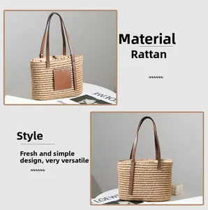 Detail of woven straw tote bag featuring brown leather straps and square logo patch