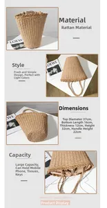 Detail view of woven straw tote bag showing dimensions and interior drawstring lining