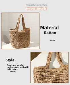 Detail of handcrafted raffia tote bag showing natural weave texture and integrated handle