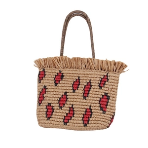 Handcrafted straw tote bag with geometric diamond patterns and fringe trim detailing