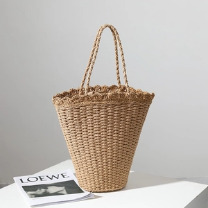 Women Straw Woven Handbag Scalloped Edge Large Capacity Beach Bag Summer Holiday Shoulder Bag Handmade Raffia Tote