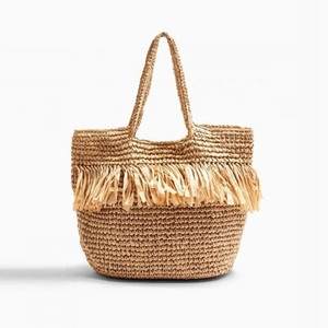 Woven Straw Tote Bag Large Capacity Summer Beach Holiday Shoulder Handbag With Tassel Fringe For Women