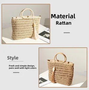 Detailed view of handwoven raffia texture with elegant tassels and hollow patterns