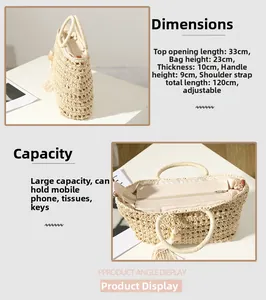 Detailed size chart for handmade straw bag with large capacity and tassel decor