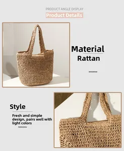 Macro detail of the woven raffia texture and sturdy handle on the large summer tote bag