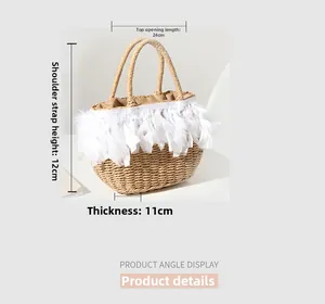 Detailed view of straw tote bag with white feathers and circular top handles