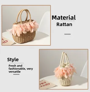 Detail of woven straw handbag featuring light pink feather trim and round top handles