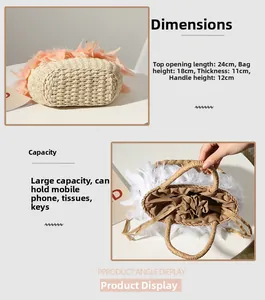 Detail of straw woven handbag with pink feathers and drawstring lining structure