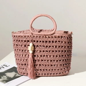 Straw Woven Shoulder Bag Hollow Out Bohemian Beach Tote With Tassel Wood Bead Charm And Removable PU Strap For Women