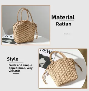 Detail of raffia straw handbag featuring thick weave texture and drawstring lining closure